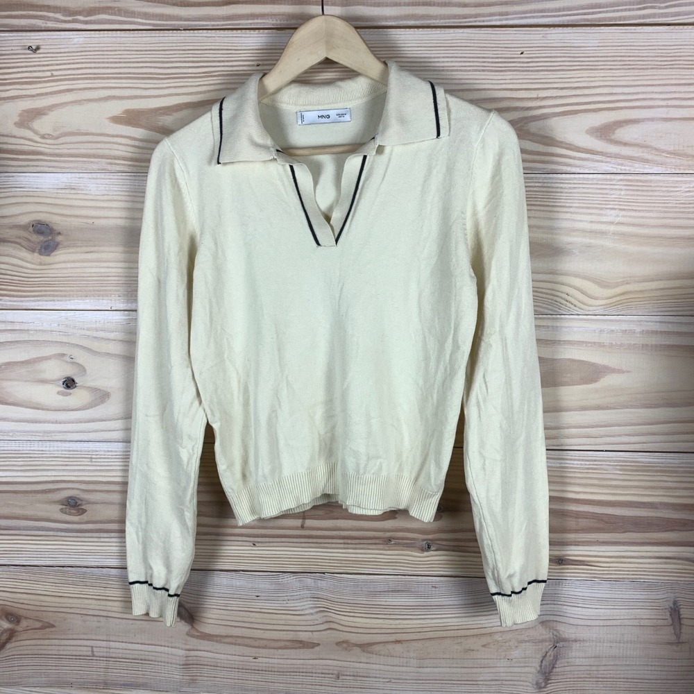 Mango MNG Polo Sweater‎ Womens Medium Cream V-Neck Knit Long Sleeve Preppy